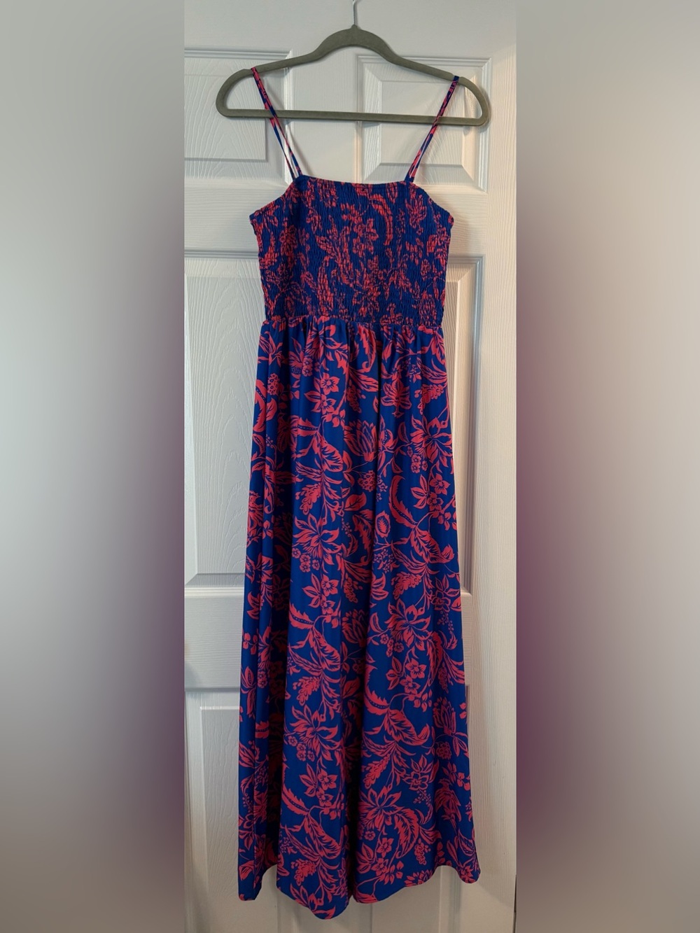 Smocked Blue Maxi Dress with Pink Floral Print